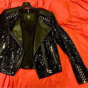Sequined fish-scale style asymmetrical zippered & studded jacket